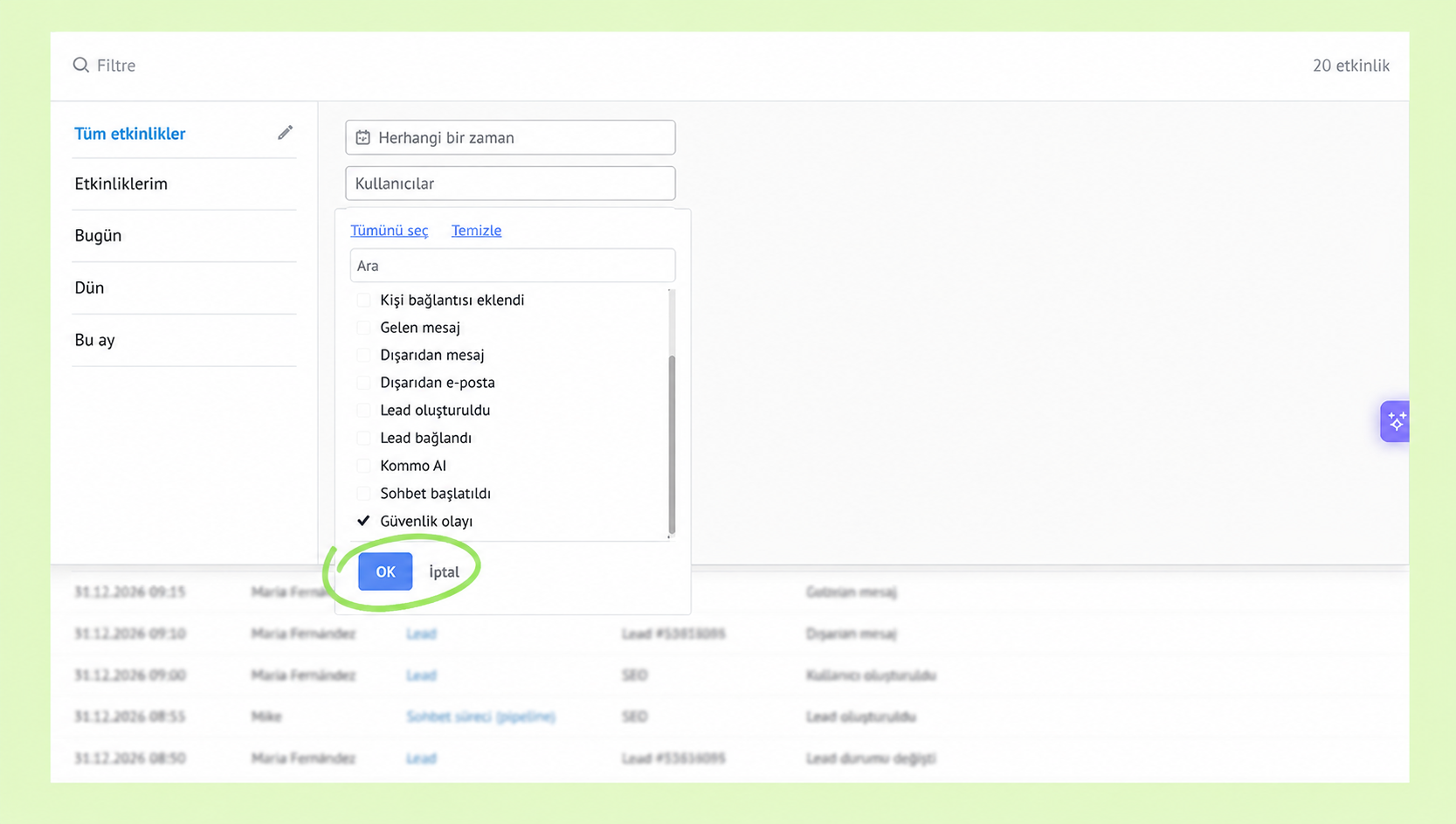 User interface displaying event filters and options with highlighted 'OK' button.